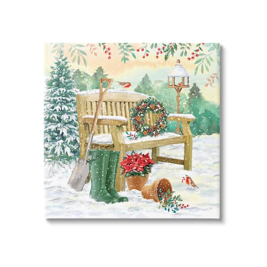 Stupell Industries Snowy Bench Seasonal Holly Plants Canvas Wall Art
